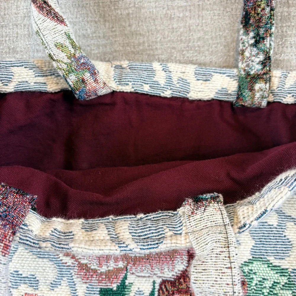 Vintage Floral Tapestry Tote Bag Woven Rose Cottagecore Burgundy Lined Handbag